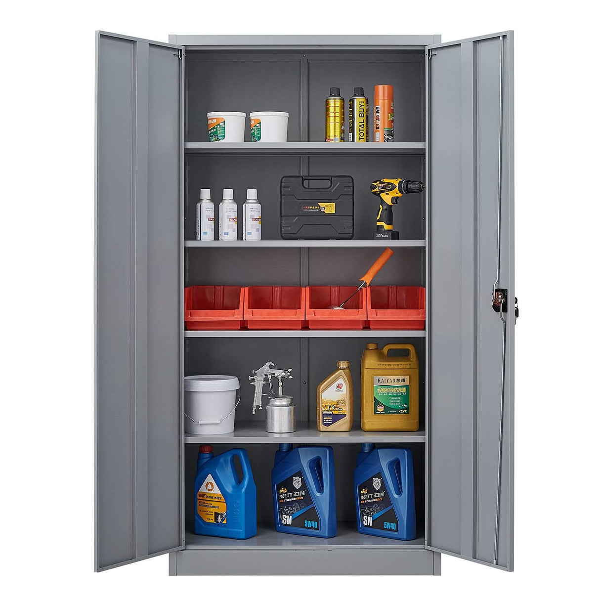 CNANXU Metal Garage Storage Cabinet - 72" Locking Metal Storage Cabinet with 2 Doors and Adjustable Shelves & Locking Doors - Garage Cabinets for Tool Storage - Grey CNANXU