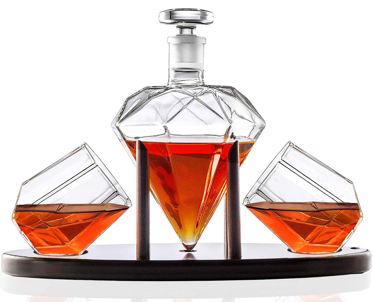 Whiskey Decanter Diamond shaped With 2 Diamond Glasses & Mahogany Wooden Holder – Elegant Handcrafted Crafted Glass Decanter For Liquor, Scotch, Rum, Bourbon, Vodka, Tequila – Great Gift Idea – 750ml RUGLUSH