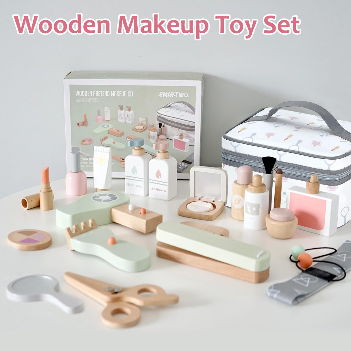Smartwo Wooden Makeup Toy Set for Toddler Pretend Play 22 PCS Wood Beauty Salon Toys Cute Wooden Makeup Kit with Realistic Accessories Gift for Girls 3 4 5 6 Smartwo