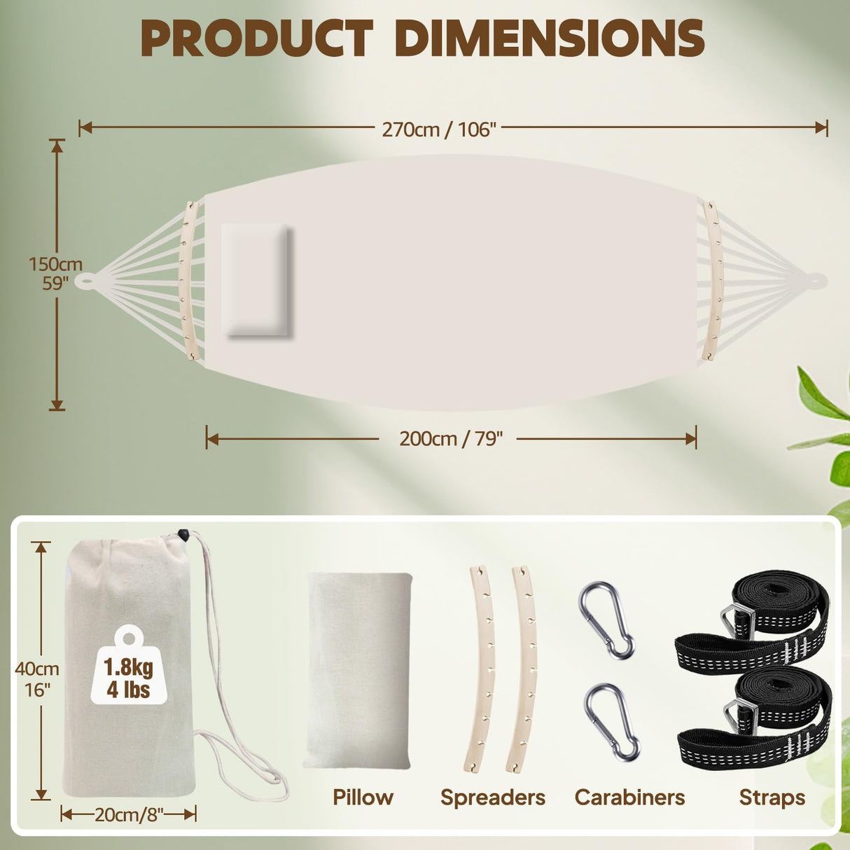 Chihee Cotton Hammock Large Soft Breathable Camping Hammock Holds Up to 660lbs Portable Tree Hammocks with Detachable Spreader Bar Pillow 2 Strong Webbings 2 Carabiners Patio Garden Indoor Outdoor Chihee