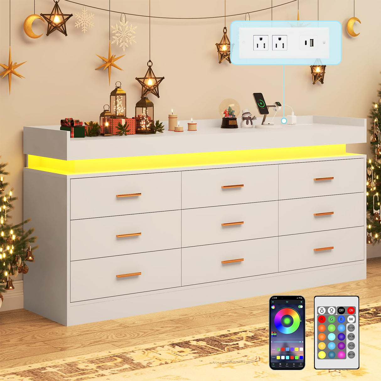 jiteentarou 9 Drawer Dresser with Charging Station and LED Lights, Modern Chest of Drawers with Power Outlet, Organizer Cabinet for Bedroom, Living Room, Entryway, White jiteentarou