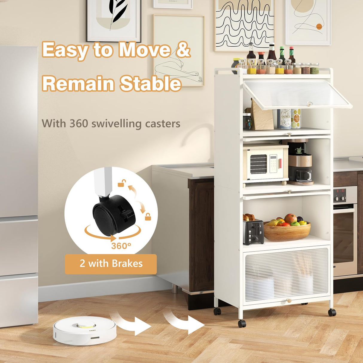 Giantex 5-Tier Kitchen Storage Cabinet, Mobile Microwave Stand with Flip-up PC Doors, Freestanding Kitchen Bakers Rack with 4 Rolling Casters, for Dining Room, Living Room and Study (White) Giantex