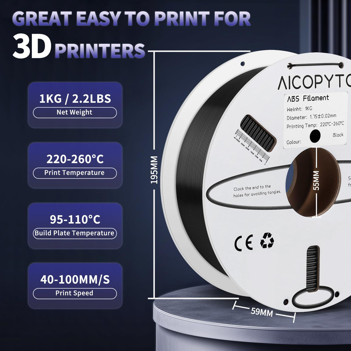 AICOPYTO ABS Filament 1.75mm, 3D Printer Filament Dimensional Accuracy +/- 0.02mm, 1KG Cardboard Spool (2.2 lbs) 3D Printing Filament Fits for Most FDM 3D Printers - ABS Black AICOPYTO