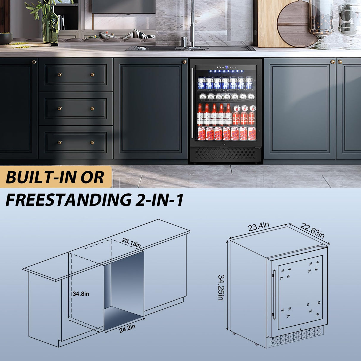 Tylza Beverage Refrigerator 24 Inch, Under Counter/Freestanding Drink Fridge, 190 Cans Beverage Cooler with Glass Door, Reversible Door, Low Noise, Quick Cooling - for Beer, Soda, ETC, Black Tylza