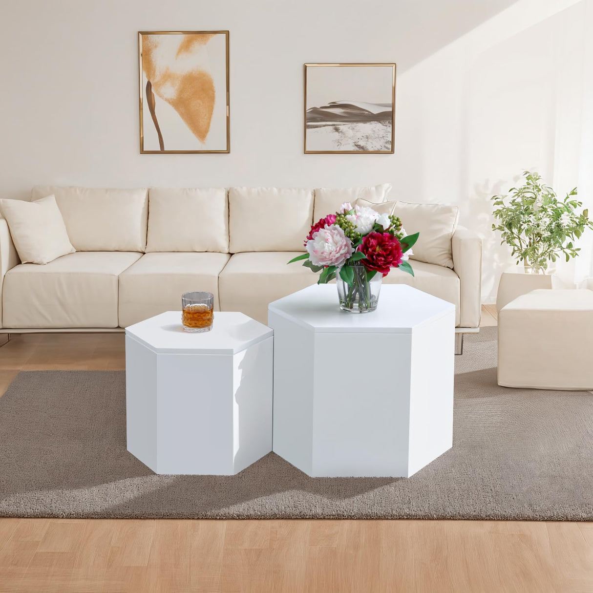 Wood Nesting Coffee Table Set of 2, Modern Round Coffee Table with Non-Slip Feet, Wooden Circle Side Table and Accent Furniture for Bedroom Balcony Lounge Home Office, No Assembling ivoros