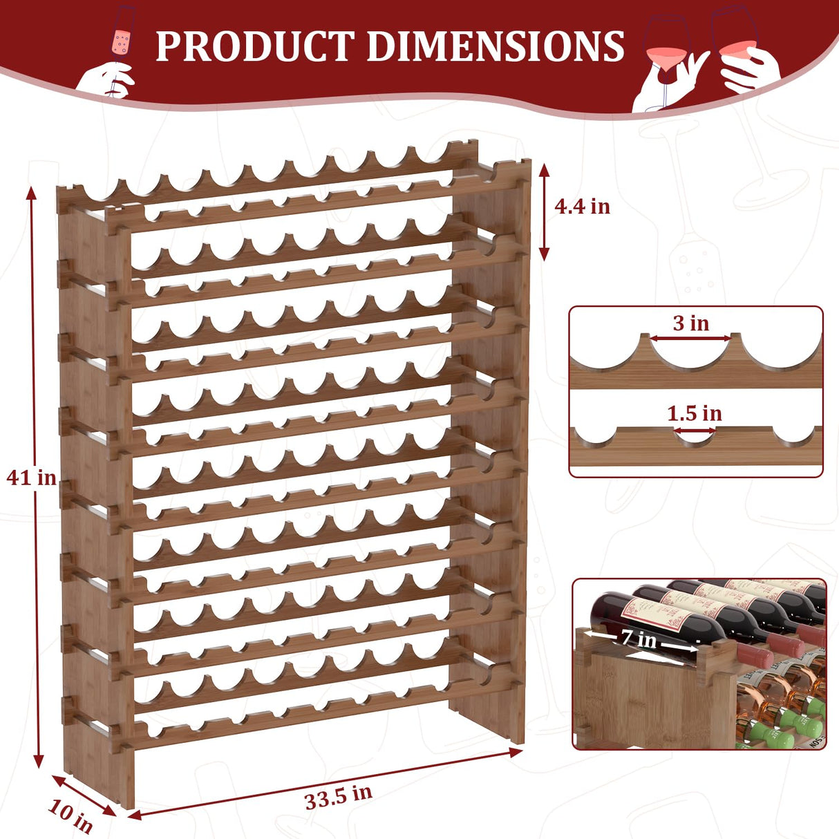 Domax Wine Rack Freestanding Floor - 8 Tiers Wine Bottle Holder 72 Bottle Stackable Wine Rack, Bamboo Wine Holder Wine Storage Racks for Kitchen, Domax