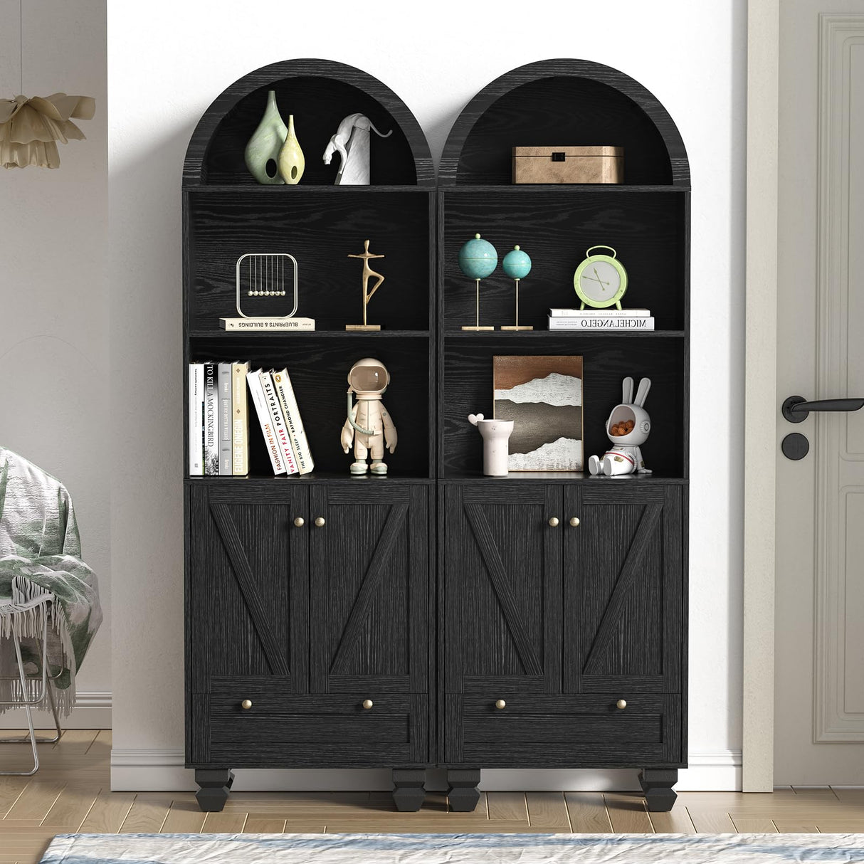 Giluta 71" Tall Arched Bookshelf Two Doors 5-Tier Storage Display Cabinet with Open Display Shelf & Drawer, Black Kitchen Pantry Cabinet for Living Room, Dining Room Giluta