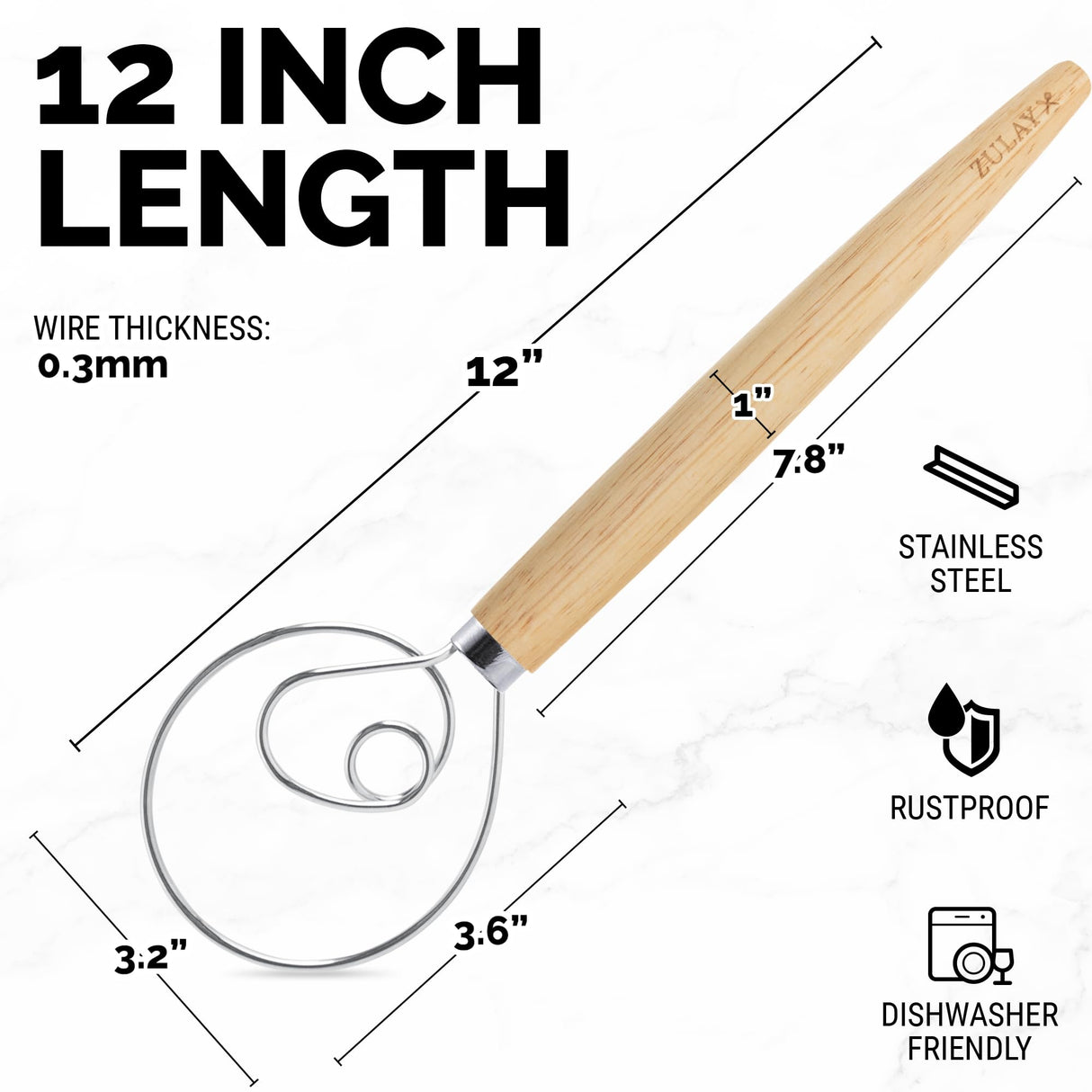 Zulay Kitchen 13-Inch Danish Dough Whisk - Wooden Danish Whisk for Dough with Stainless Steel Dough Hook - Traditional Dutch Whisk - Bread Whisk for Sourdough, Pizza, Pastry, Cake Batter Zulay Kitchen
