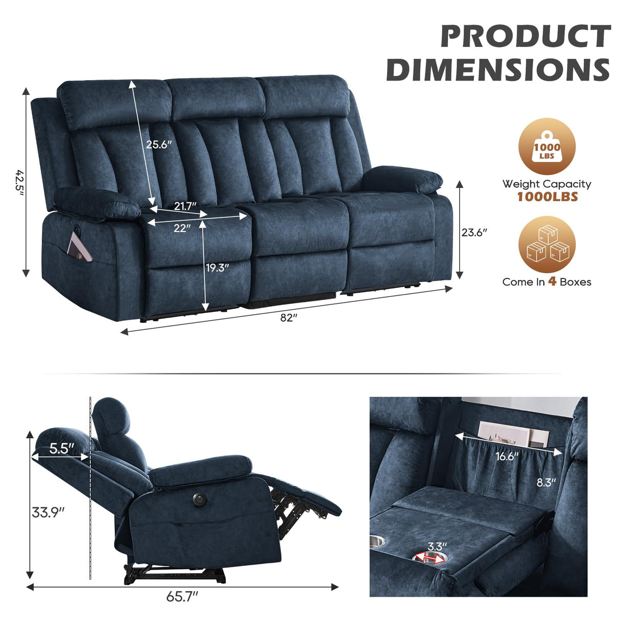 Consofa Power Reclining Sofa with Heat and Massage, Electric Reclining Couch with Drop Down Table,Cup Holders, Dual Ports, Wall Hugger Recliner Sofa for Living Room,Home Theater (Blue, Sofa) Consofa