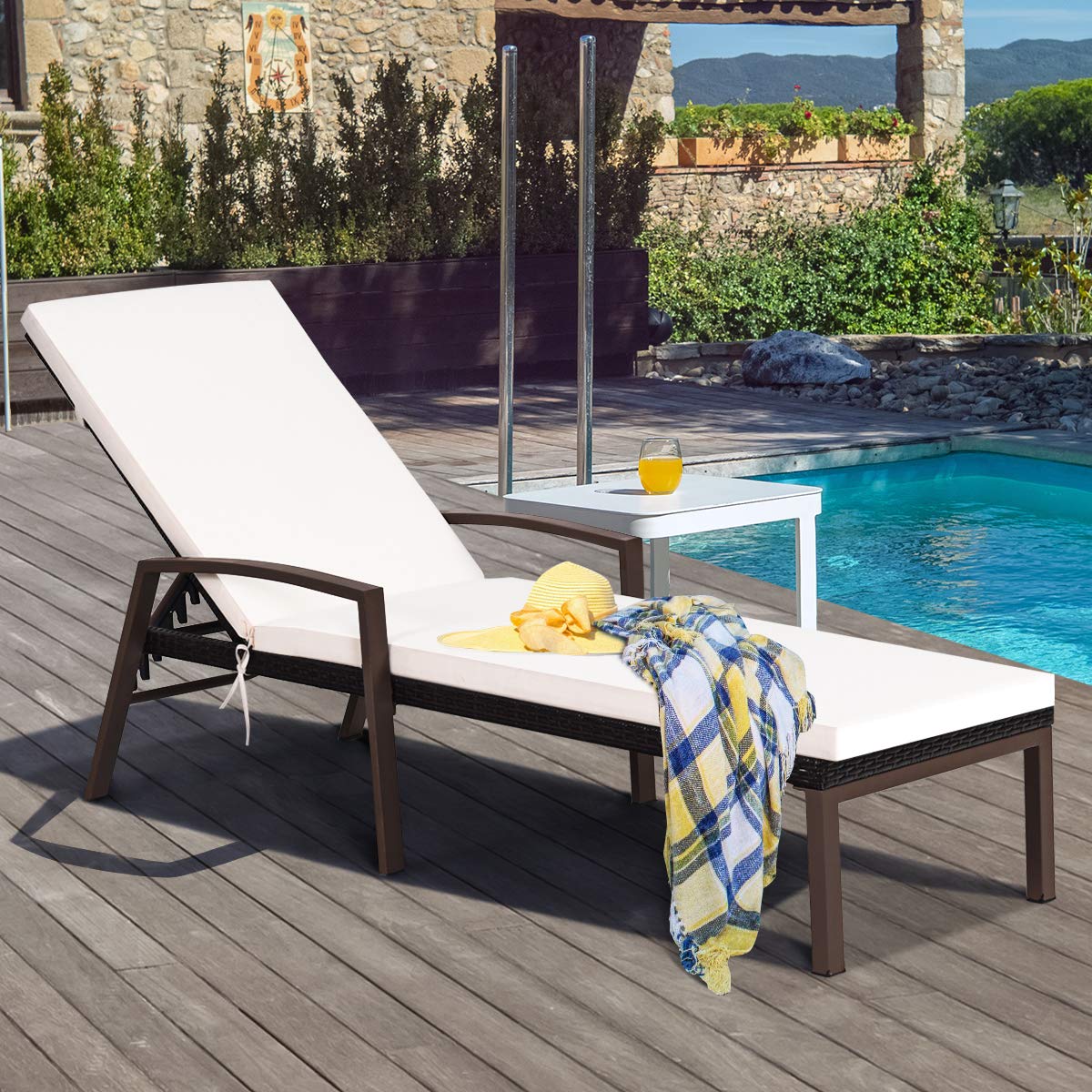 Tangkula Set of 2 Patio Furniture Outdoor Rattan Wicker Lounge Chair Set Adjustable Poolside Chaise with Armrest and Removable Cushions Tangkula