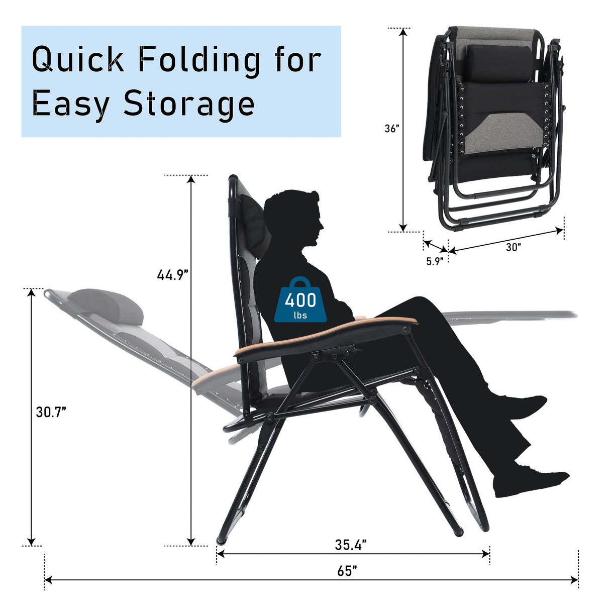 PHI VILLA XXL Oversized Padded Zero Gravity Chair, Foldable Patio Recliner, 30" Wide Seat Anti Gravity Lounger with Cup Holder, Support 400 LBS (Black) PHI VILLA