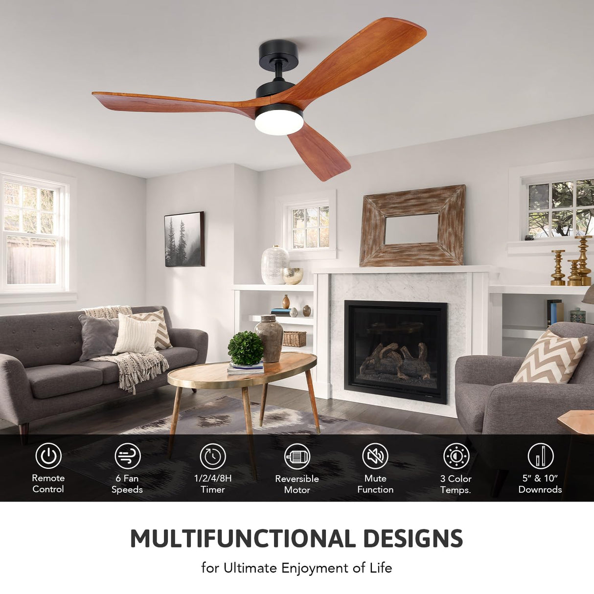 VONLUCE Ceiling Fans with Lights, 52 Inch Outdoor Ceiling Fan with Remote, 6 Speed Reversible Noiseless DC Motor, Wood Ceiling Fan for Indoor Bedroom Farmhouse Patios, Walnut VONLUCE
