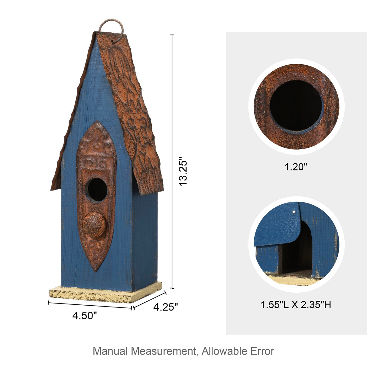Glitzhome 13.25" H Hanging Birdhouse Retro Blue Distressed Garden Decorative Wooden Bird House for Outdoor Glitzhome