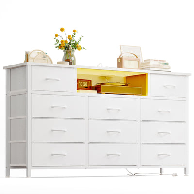 YGEOMER 59 Inches Long Dresser White Dresser or Bedroom 65-inch TV Stand with Charging Station and LED Lights, Fabric Chest of Drawers with PU Finish for Bedroom, Entryway