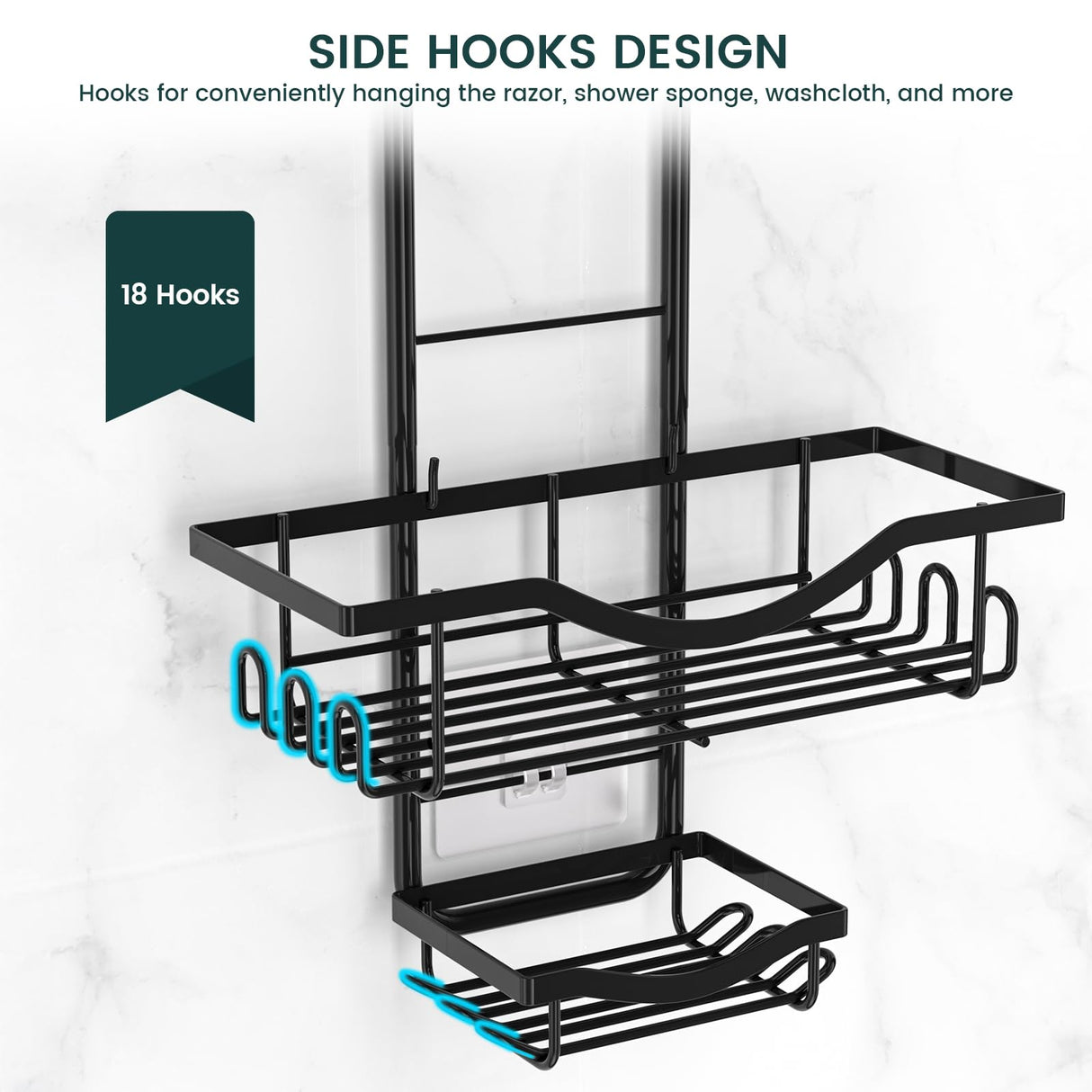 Shower Caddy Hanging Adjustable Shower Caddy, Rustproof Shower Organizer Extended Length Shower Caddy Over Shower Head with Hooks Soap Holder, Large Capacity Anti-Swing Bathroom Organizer, Black REINHARDT