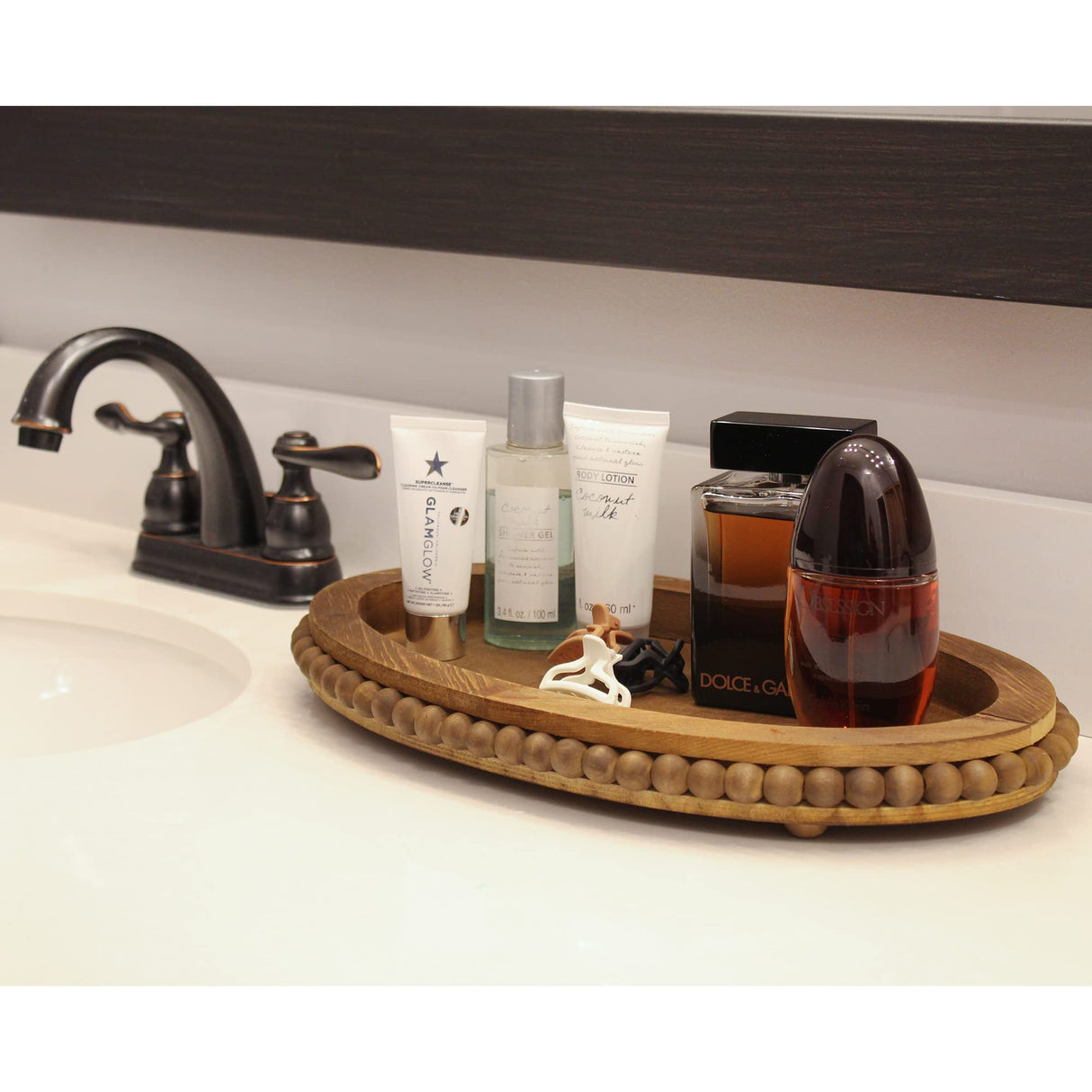 AuldHome Wood Beaded Tray (Stained Wood), Decorative Farmhouse Style Oval Wooden Tray AuldHome Design