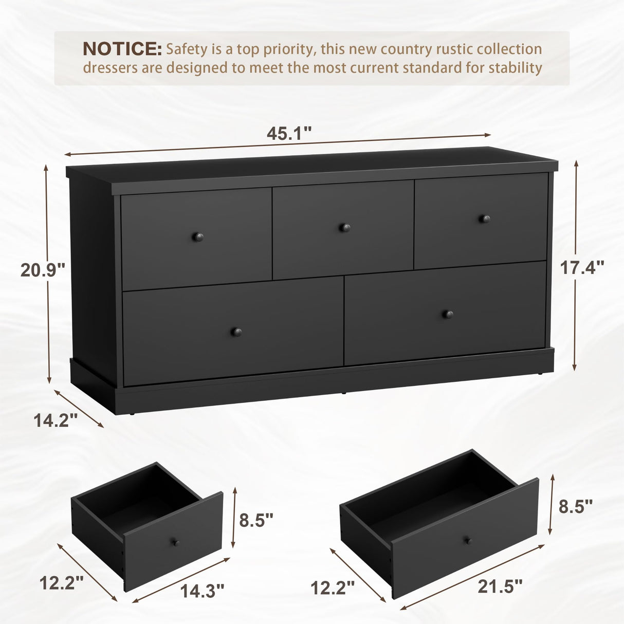 JUMMICO Dresser for Bedroom, Wide Chest of Drawers with 5 Wood Dresser Drawers, TV Stand, Modern Design for Bedroom, Living Room, Hallway, and Entryway (Black) JUMMICO