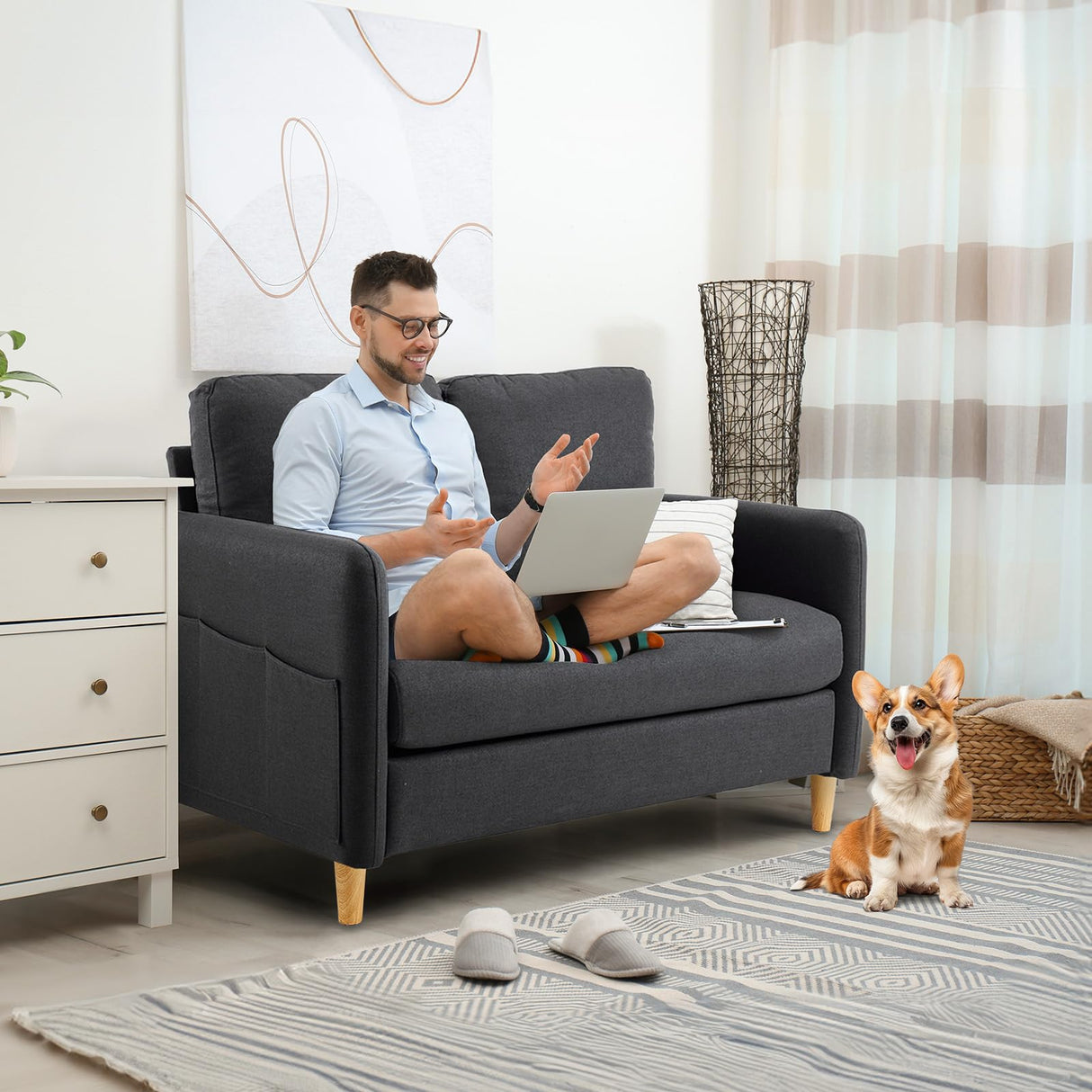 VINGLI 47" Small Couch, Linen Loveseat Sofa Black Mini Couch Mid Century Modern Decor Love Seat for Small Spaces Living Room, Bedroom, Play Room VINGLI