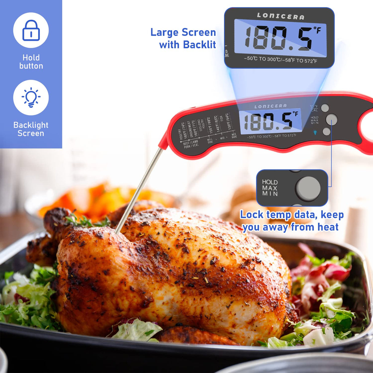Lonicera Digital Meat Thermometer for Food Cooking. Waterproof & Instant Read for Kitchen Baking, BBQ. with Foldable Probe, Backlight & Calibration (Red) LONICERA