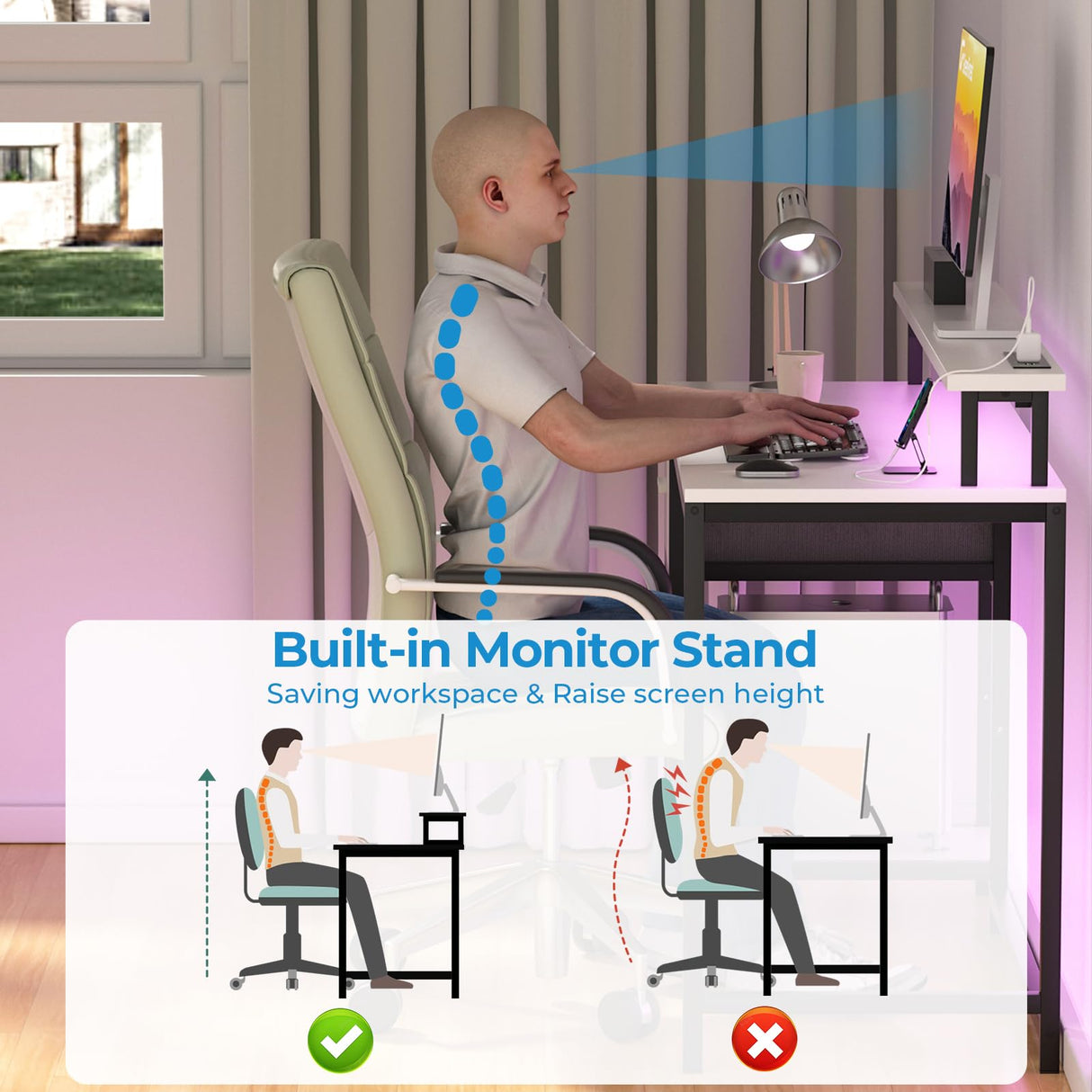 GreenForest White Computer Desk 47 Inch with LED Lights and Monitor Stand, Office Desk with Drawer for Small Spaces, Gaming Desk with Power Outlets and Shelf GreenForest