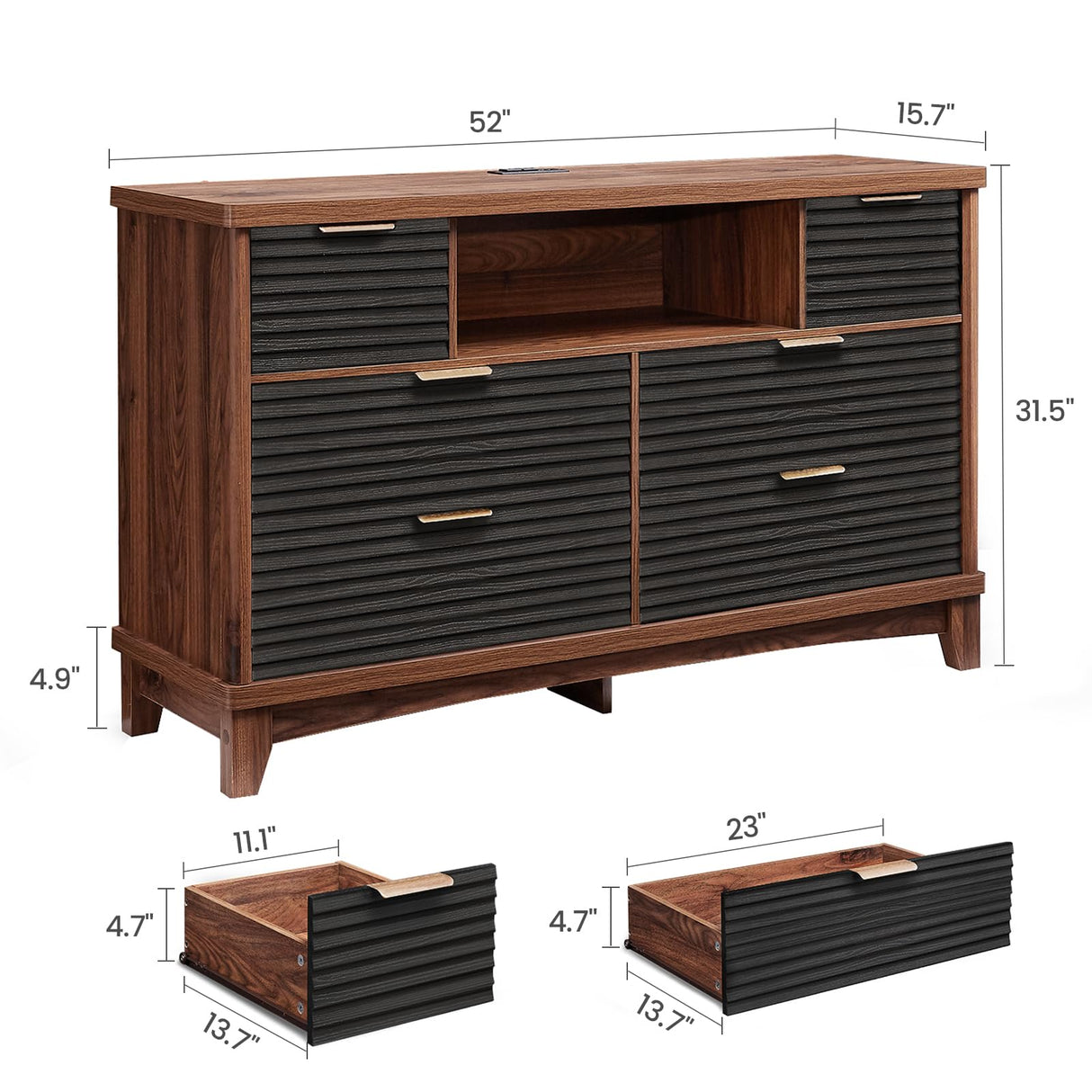 AOGLLATI Black Dresser for Bedroom with Slanted Louvre Design,Retro Chest of Drawers with Charging Station, Wooden Wide Led 6 Drawer Dresser for Bedroom,Living Room, Hallway, Black & Brown AOGLLATI