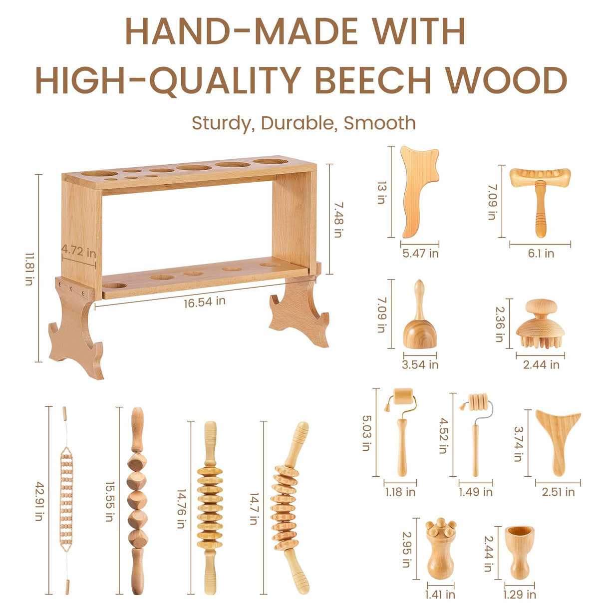 Meifuly 13 in 1 Wood Therapy Massage Tools with Luxury Storage Shelf, Complete Maderotherapia Wooden Massager Kit for Body Shaping, Lymphatic Drainage, Muscle Pain Relief, Anti-Cellulite Meifuly