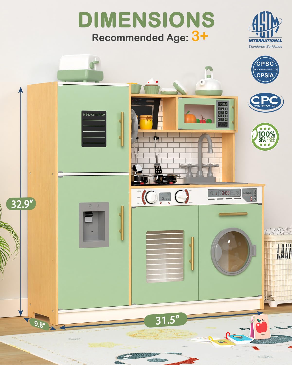 Babytronic Wooden Kitchen Playset for Kids, Interactive Play Kitchen with Lights & Sounds, Children Pretend Toy Kitchen Set with Faucet, Oven, Microwave, Kitchenware for Toddlers Ages 3+ (Green&Wood) Babytronic