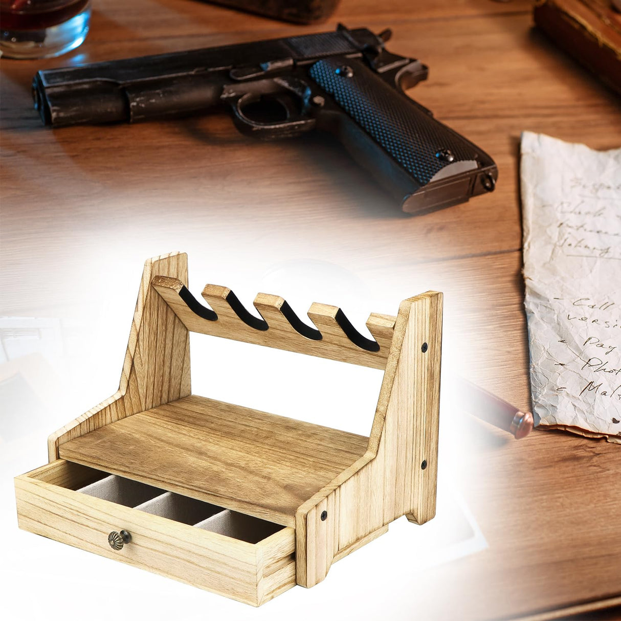 QWORK Wood Pistol Rack Gun Safe - Handgun Rack for Gun Cabinet Storage, with Additional Magazine and Bullet Storage Drawer, 12.2" x 7.6" x 8.5", Pistol Rack Holder, Gun Rack Organizer QWORK