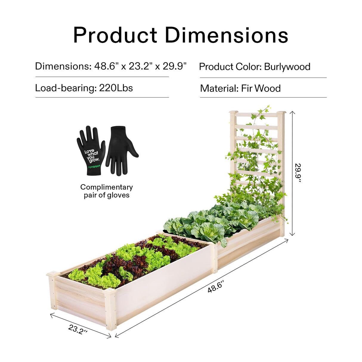 VIVOSUN Wooden Raised Garden Bed, 48 x 24 x 30 Inches, Outdoor Wood Planter Box with Gloves and a Liner, with Trellis for Vine Climbing for Garden, Patio, Balcony, Backyard and Outdoors VIVOSUN