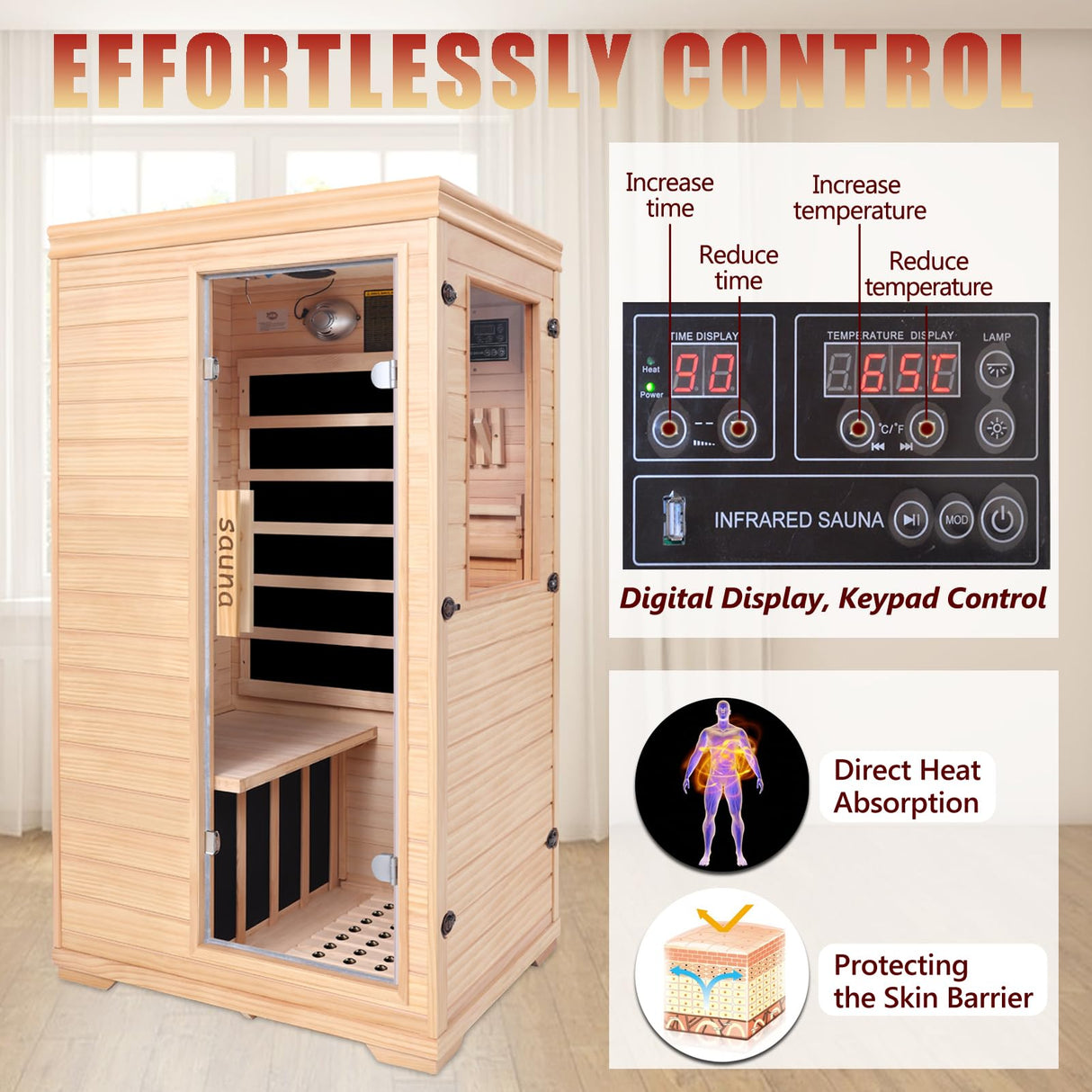 Far Infrared Sauna for 1 Person, Indoor Low EMF Infrared Wooden Dry Sauna for Home with 5 Low EMF Heating Panels, Side-Opening Door, Digital Control, Bluetooth Speakers, Home Spa Therapy DWKWE