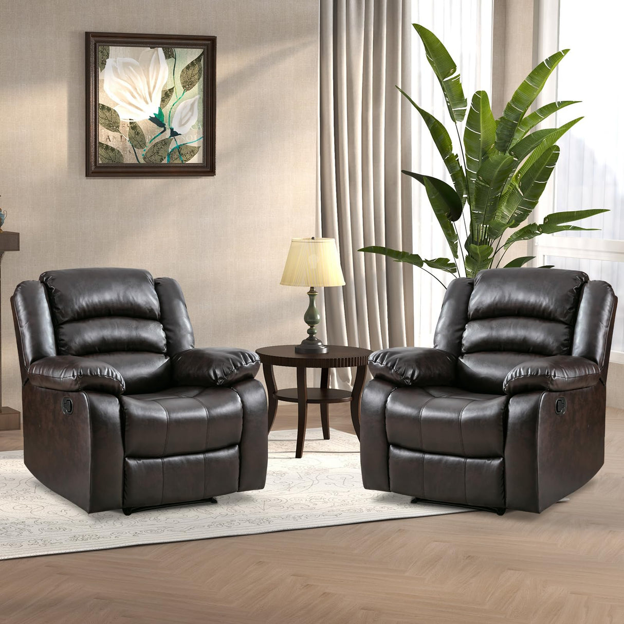 ANJ Manual Recliner Chair Set of 2, Breathable Faux Leather Reclining Chairs with Overstuffed Arm and Back, Living Room Single Sofa Recliners (Dark Brown) ANJ