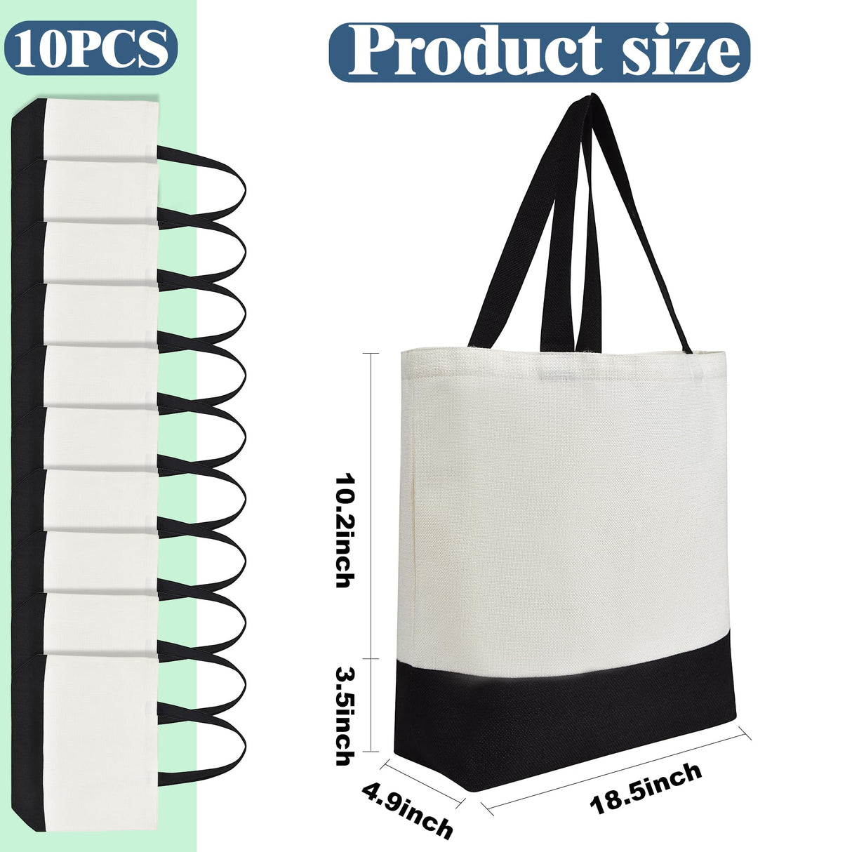 Wovasco Sublimation Tote Bags Blanks Bulk, Black Polyester Tote bags for Sublimation, Reusable Widened Washable Canvas Bags for Decorating and DIY Craft, Natural Linen, 10PCS Black Wovasco