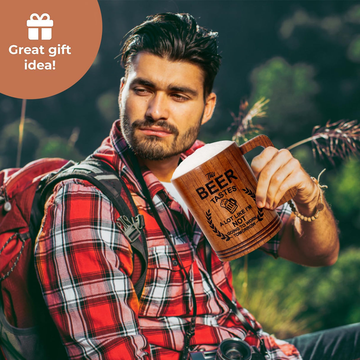 Funny Beer Lover Gift for Men Women Boyfriend Dad Husband Brother Large Wooden Beer Mug Gag Retirement Gifts for Coworkers Friend Man Mug Gift Wood Beer Stein Cool Retired Gifts Tankard Viking Mug Ayiaren