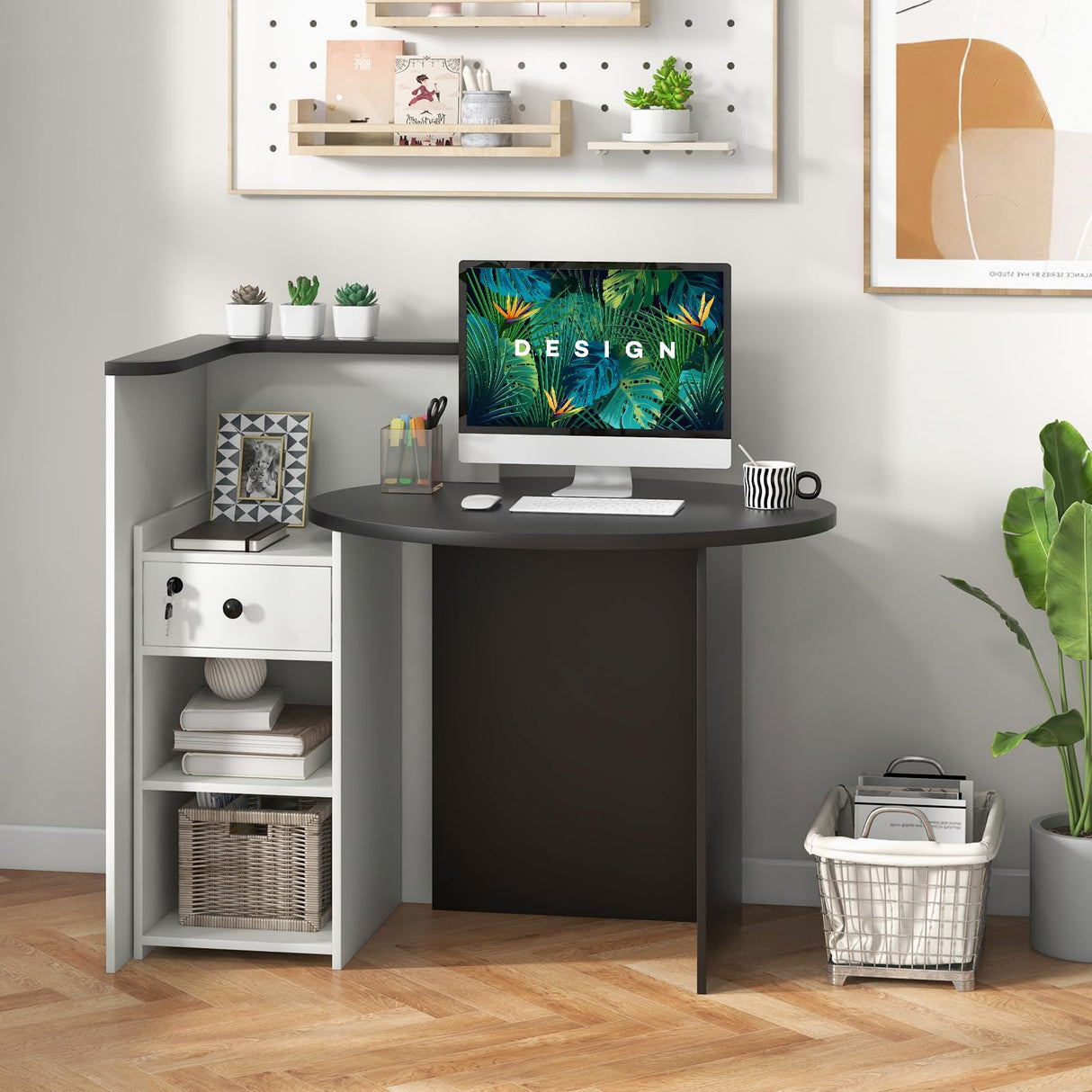 IFANNY Reception Desk, 48’’ Retail Counter w/Lockable Drawer & Storage Shelf, L-Shaped Reception Table, Wooden Computer Desk for Salon, Restaurant, Office (Black & White) IFANNY