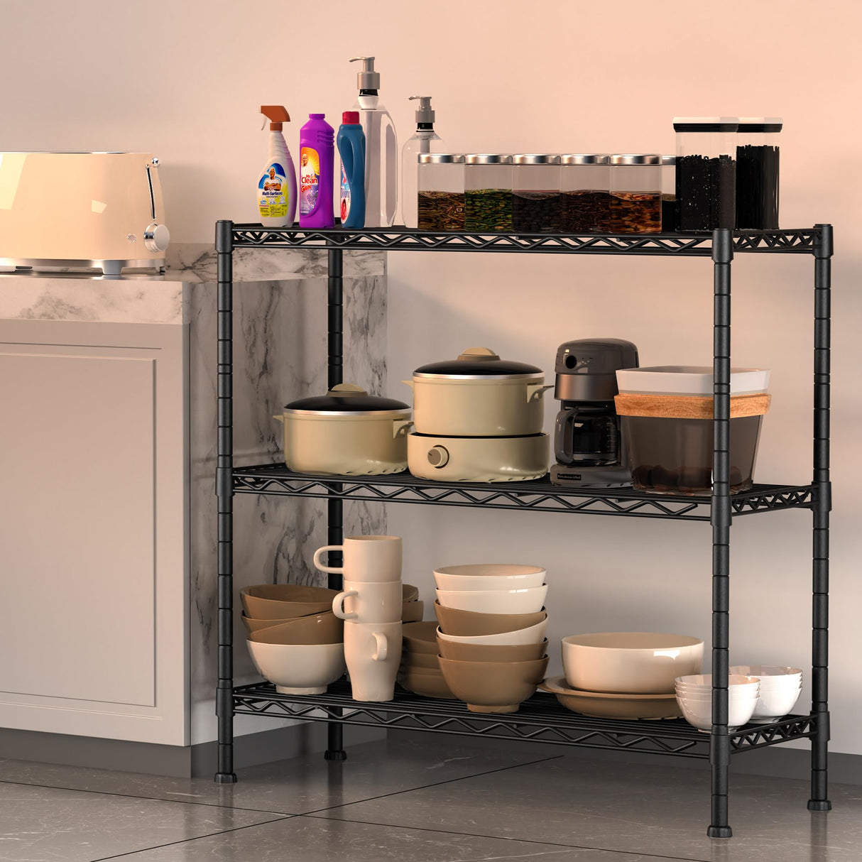 3-Shelf Adjustable Heavy Duty Storage Shelves,36"Wx14"Dx35.8"H Metal Organizer Wire Rack for Laundry Bathroom Kitchen Pantry Closet Garage Shelving Black Soywey