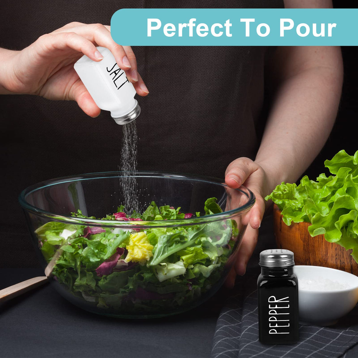 2 Pack Salt and Pepper Shakers Set, Glass Shaker with Stainless Steel Lid, Modern and Cute Farmhouse (Black and White) PECULA