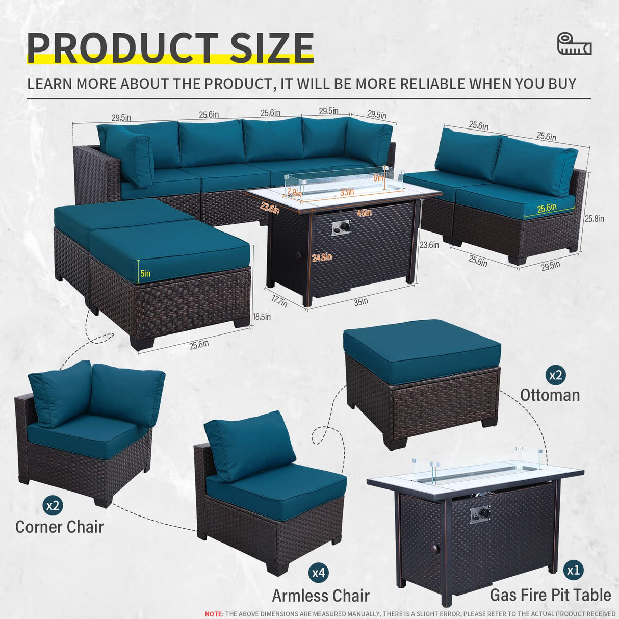 Lviden 9 Pieces Wicker Patio Furniture Set Outdoor PE Rattan Sectional Conversation Sofa Set with Peacock Blue Cushions and 45” gas fire pit table Lviden