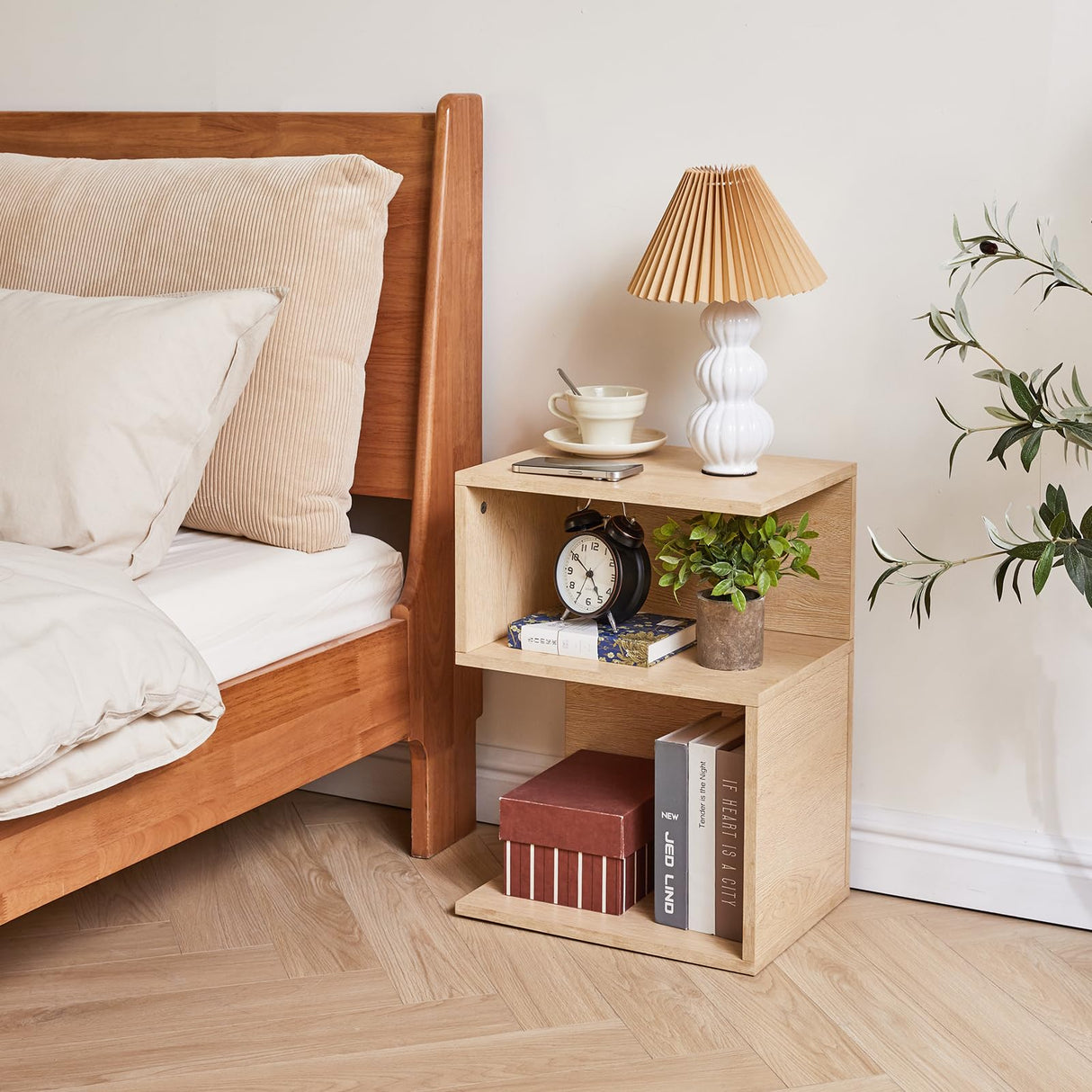 IBUYKE S-Shaped Nightstand, 3-Tier Wood Nightstand with Open Storage, Minimalist End Table for Small Spaces, Easy Assembly, Bedside Table for Bedroom, Natural UWST004R IBUYKE