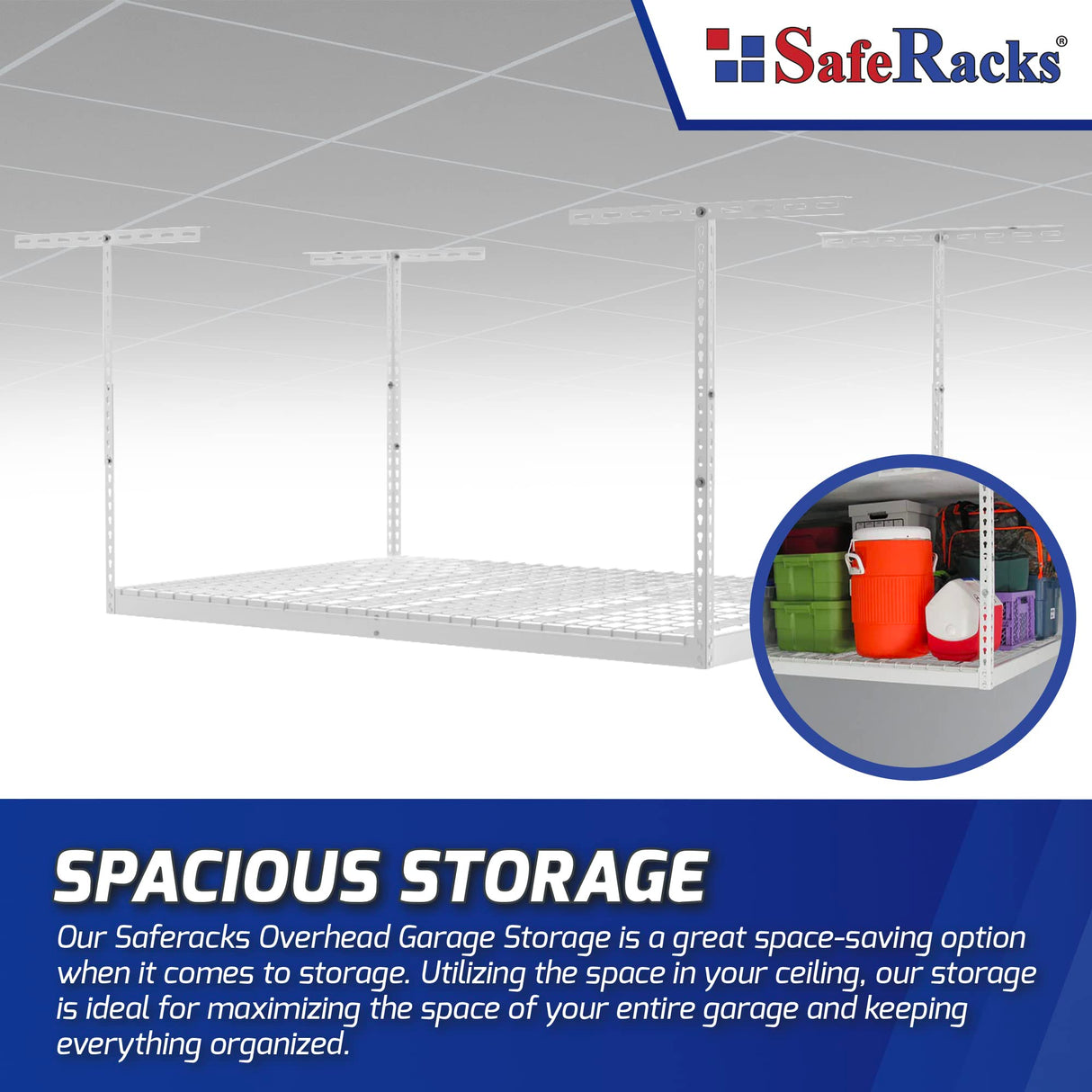 SafeRacks 4x6 Overhead Garage Storage Rack - Height Adjustable Steel Overhead Storage Rack - 500 Pound Weight Capacity (White, 24"-45") SafeRacks