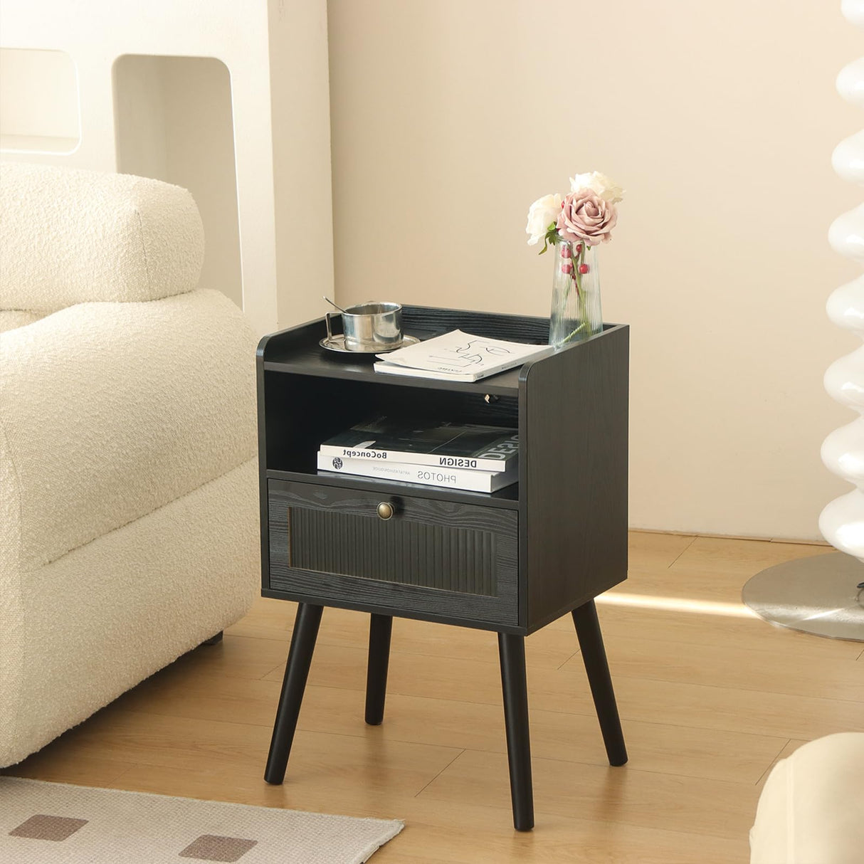 AWASEN Black Nightstand with Charging Station, Modern Bedside Table with Glass Decorative Drawer, Small End Table Side Table with 2 Tiers Storage Space, for Bedroom, Office and Small Space (Black) AWASEN