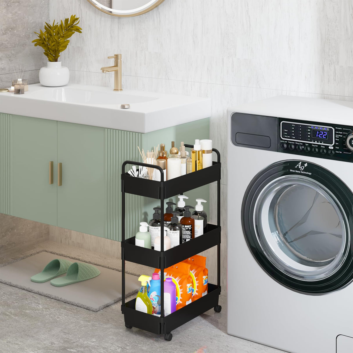 Buzowruil Rolling Storage Cart 3 Tier Organizer Mobile Shelving Unit Storage Rolling Utility Cart with Wheels for Kitchen Bathroom Laundry,Black Buzowruil