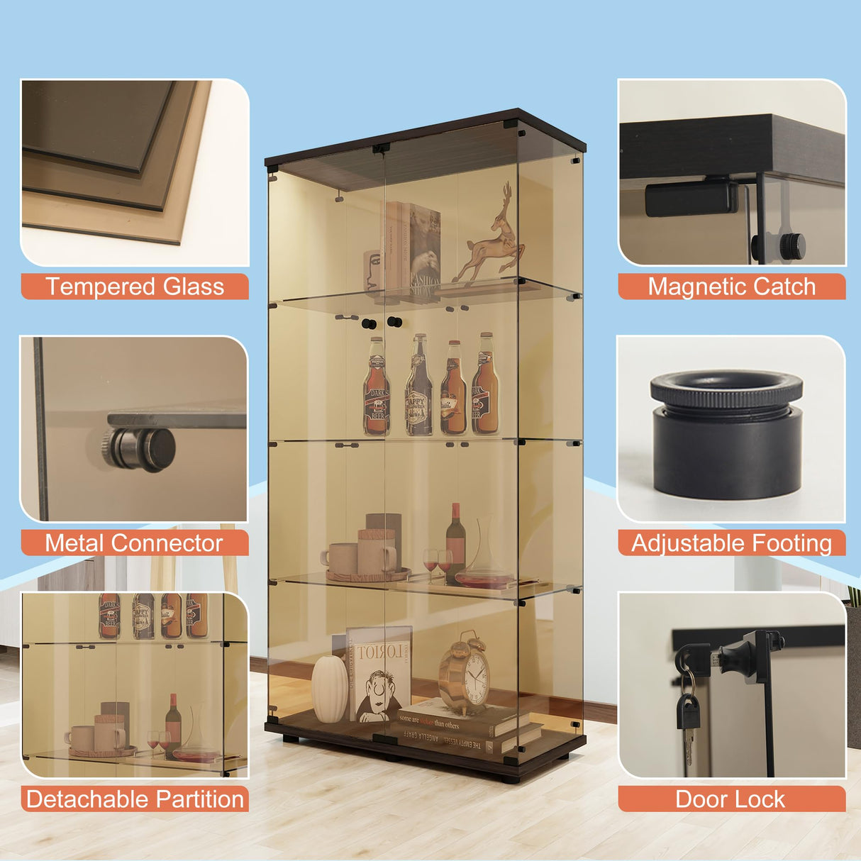 FANYUSHOW Glass Display Cabinet with 4 Shelf Double Door Curio Cabinet with Brown Glass 5mm Tempered Glass Display Case for Living Room, Bedroom, Kitechen, 64" H x 32" L x 14" W, Black FANYUSHOW