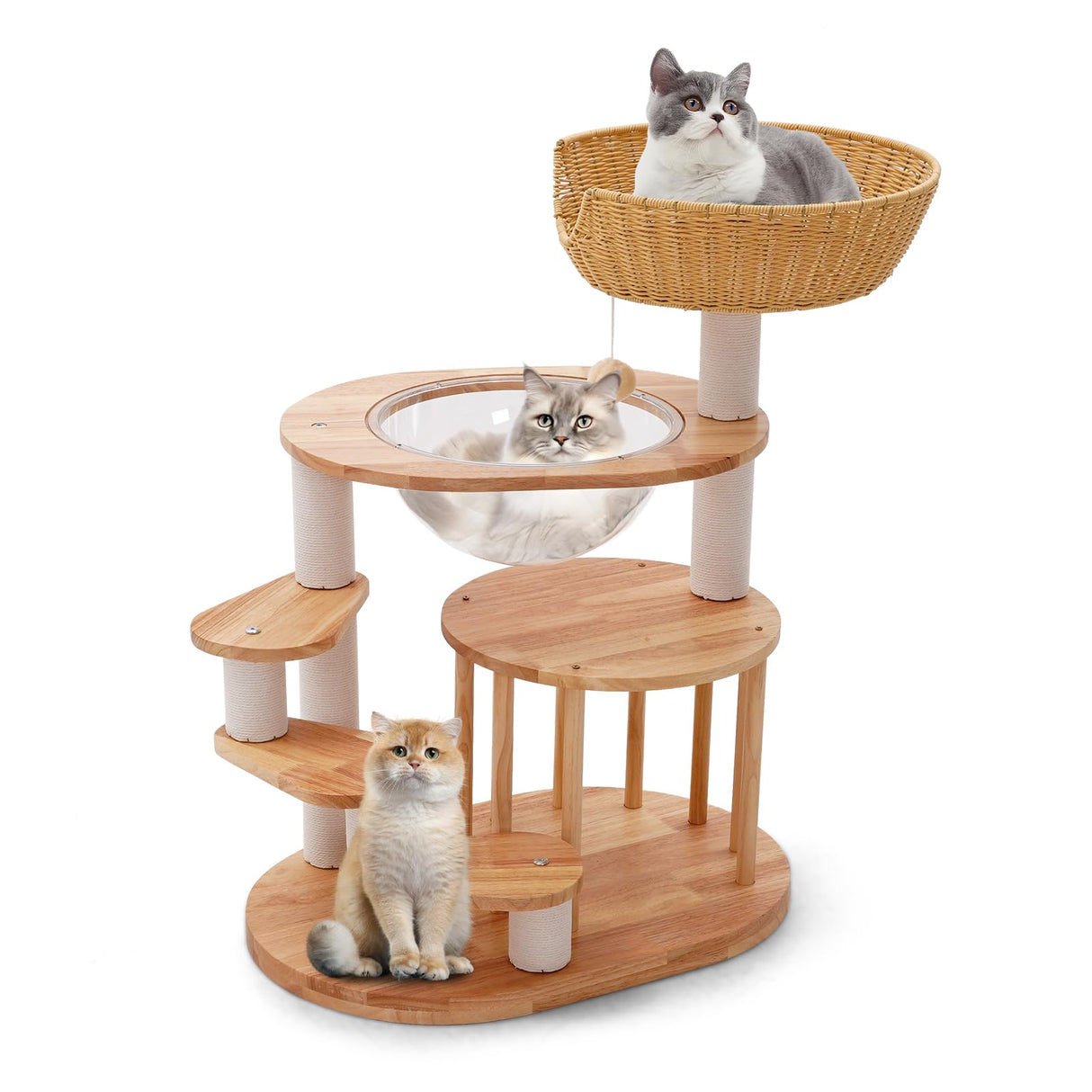Romiromi Wooden Cat Tower 31",Wooden Cat Tree Heavy Duty Sisal-Covered Scratching Posts for Multi-Layer Cat Tree, Space Capsule Bed Easy to Assemble Romiromi