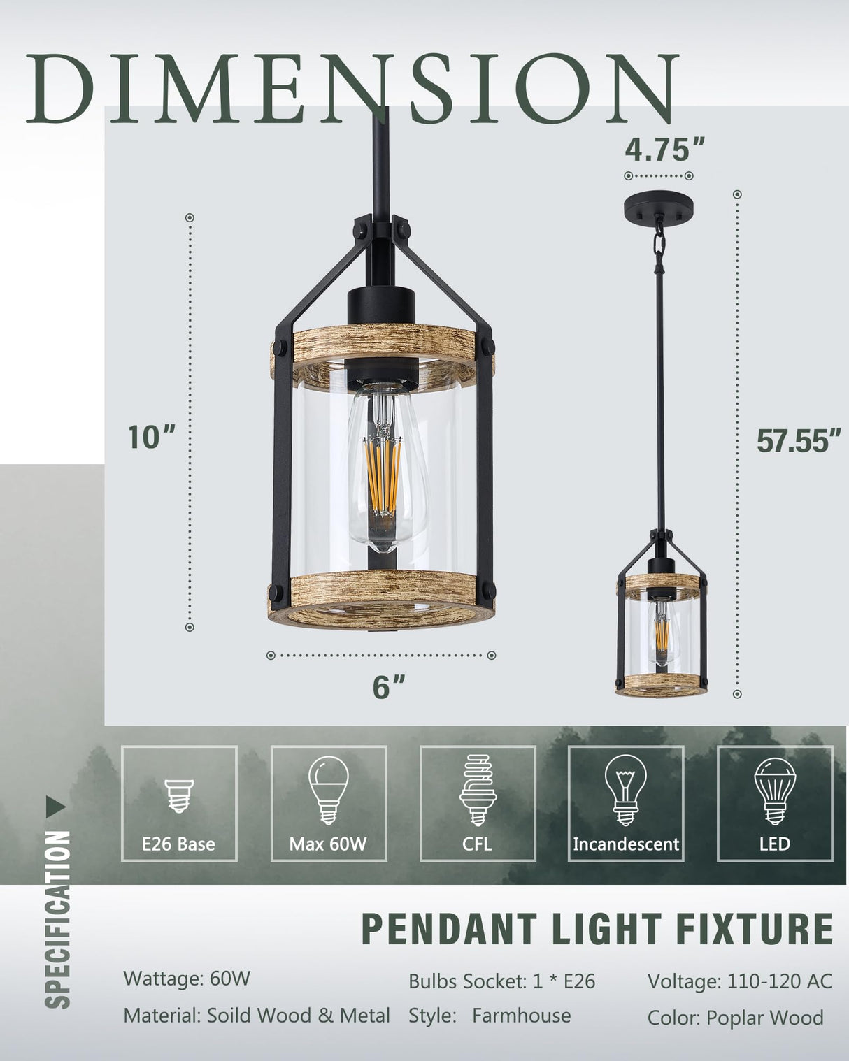 HANASS Farmhouse Pendant Light Fixtures, Wood and Glass Pendant Lighting for Kitchen Island, Rustic Hanging Lights MD89418-B HANASS