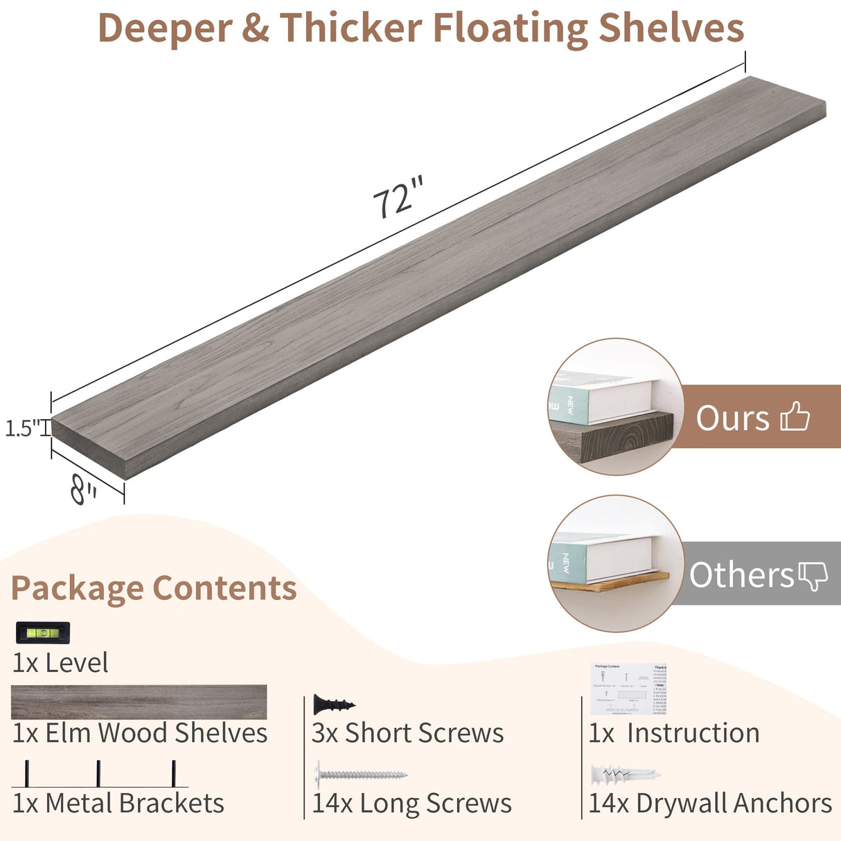 Axeman 72 Inch Fireplace Mantel Shelf - 8 Inch Deep Rustic Solid Elm Wood Floating Shelf, Wall Mounted Farmhouse Display Shelf with Invisible Heavy Duty Metal Bracket, Grey Axeman