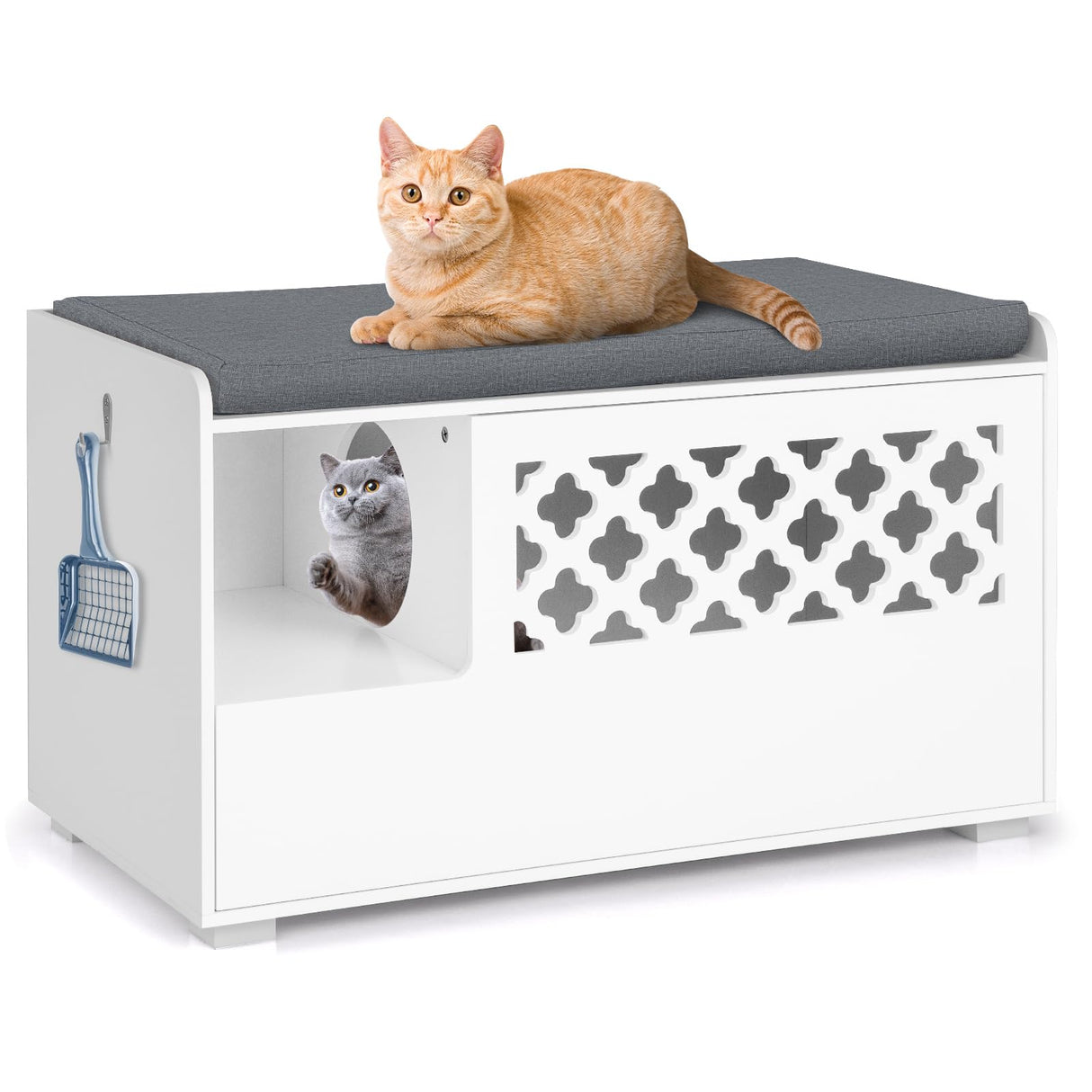 Tangkula Cat Litter Box Enclosure, Hidden Litter Box with Removable Cushion & Flip-Down Opening, Multifunctional Storage Cabinet Bench, Modern Litter Box Furniture Fits Most Litter Box (White) Tangkula