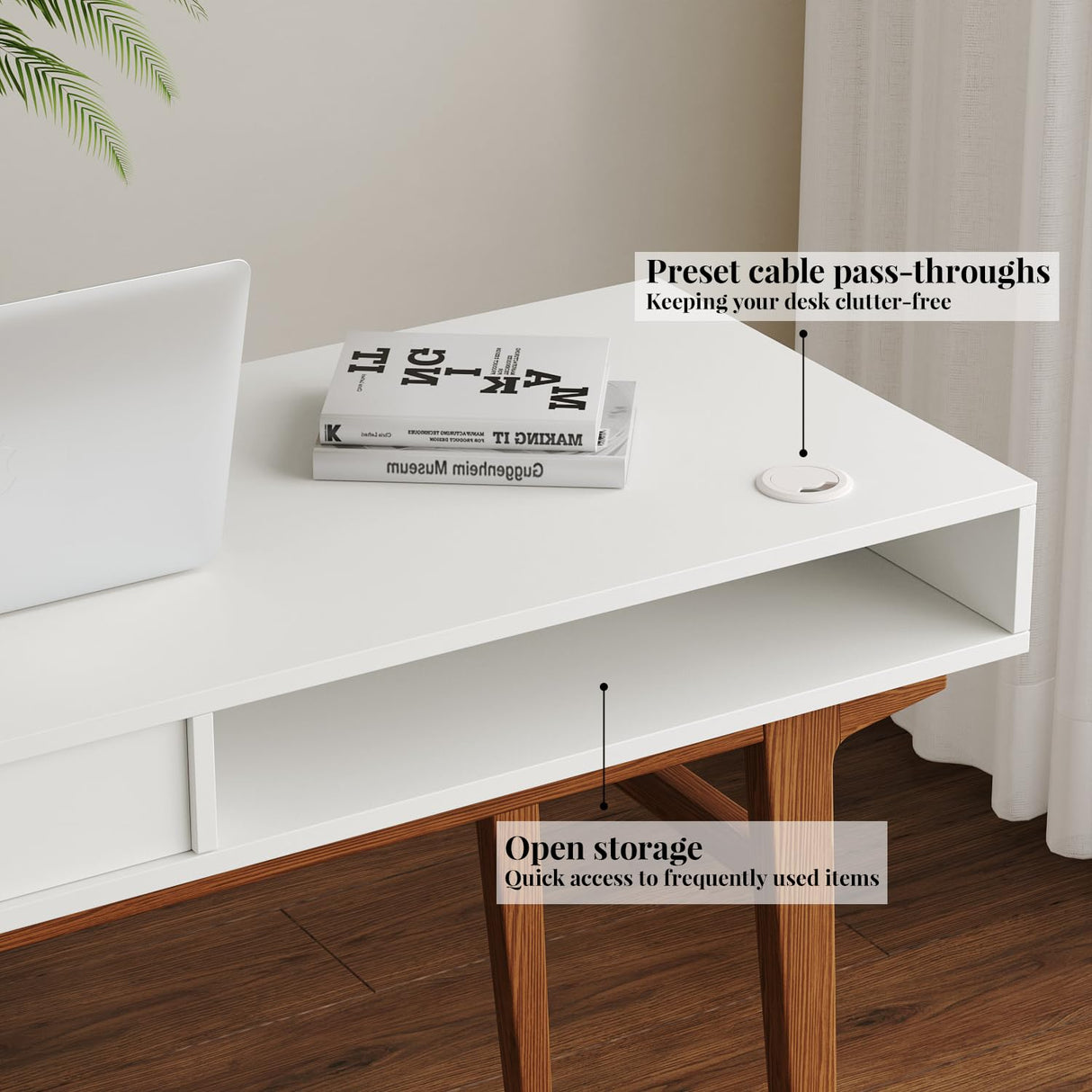 Longcoam Design White Computer Desk with Drawers - 45 inch Minimalist Small Solid Wood Mid-Century Modern Office Desk for Home - Boho Style Writing Table with Open Storage,Light Wooden Desk Workspace Longcoam Design