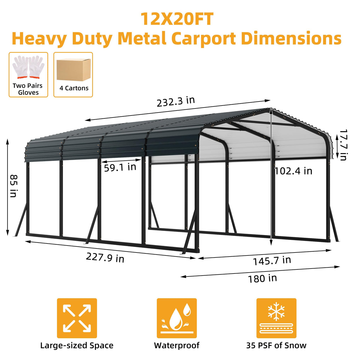 12' x 20' Heavy Duty Metal Carport with Galvanized Steel Roof, Metal Roof Carport with Enhanced Base, Tall Metal Carport Kits Garage for Tractors, Pickup, Boat, Car LuyFuitre