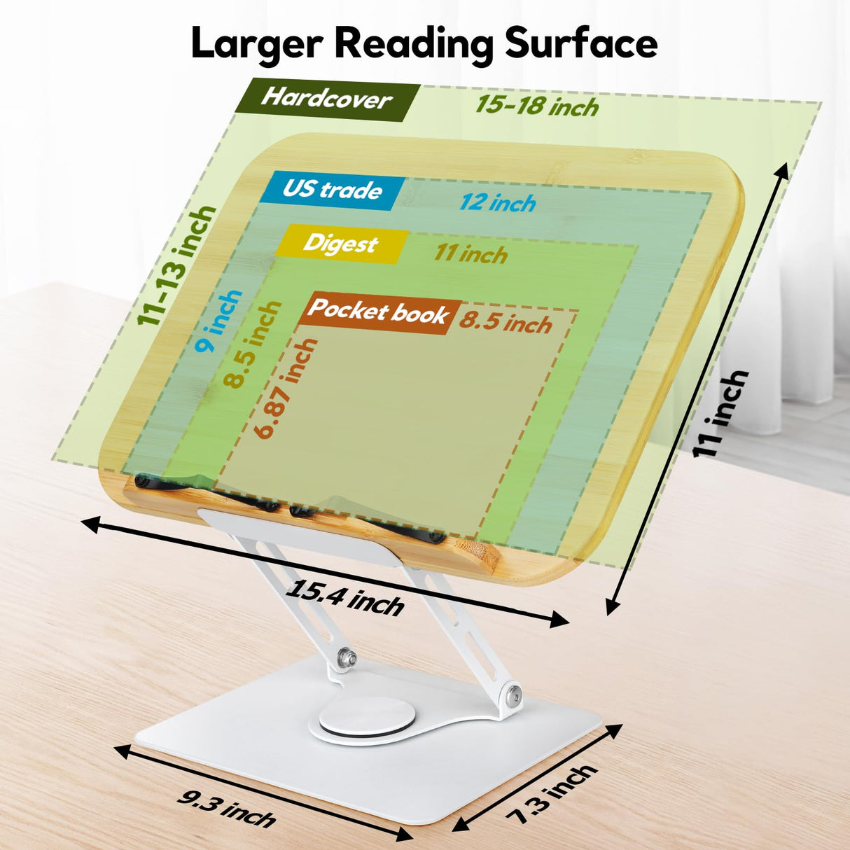 Book Stand for Reading Large Book Holder with 360° Rotating Base, 15.4"x11" Cookbook Stand Desktop Holder with Book Light, Foldable Desktop Stand for Textbook, Recipe, Laptop, Sheet Music FLINKYE