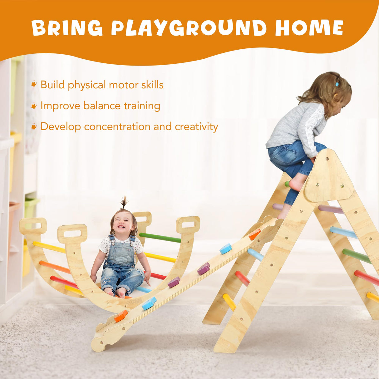 CoziBB Pikler Triangle Set, Montessori Toddler Climbing Toys Indoor, 5 in 1 Wooden Foldable Climbing Set with Arch Ramp, Triangle Climber, Pikler Triangle Gym Inside for Kids 2-4, Rainbow CoziBB
